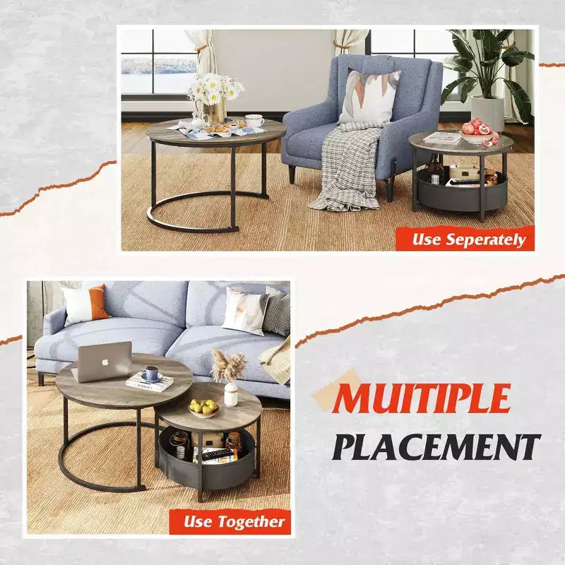Nesting Round Coffee Tables - 31.5 Center Tables with Storage