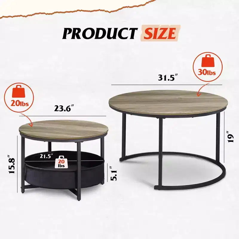 Nesting Round Coffee Tables - 31.5 Center Tables with Storage