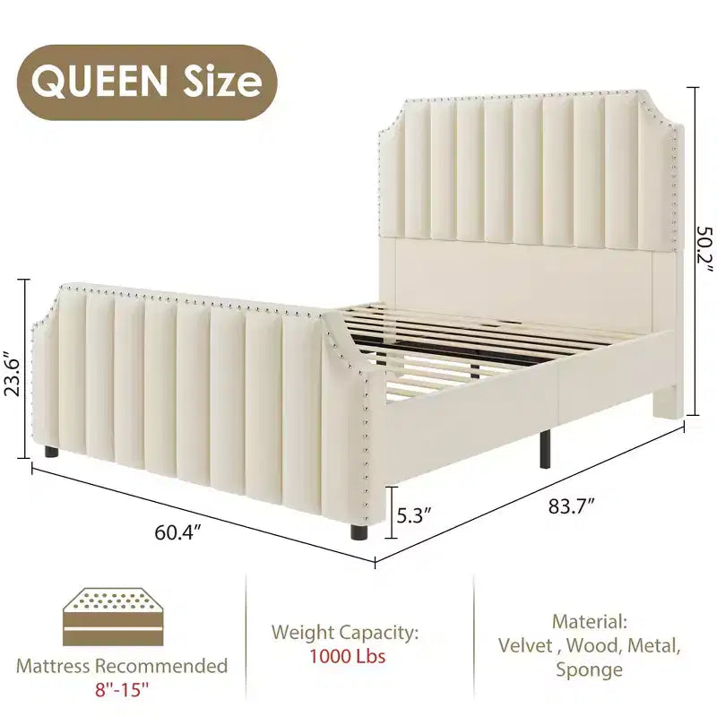 Velvet Bed Frame, 50.2 Upholstered Headboard