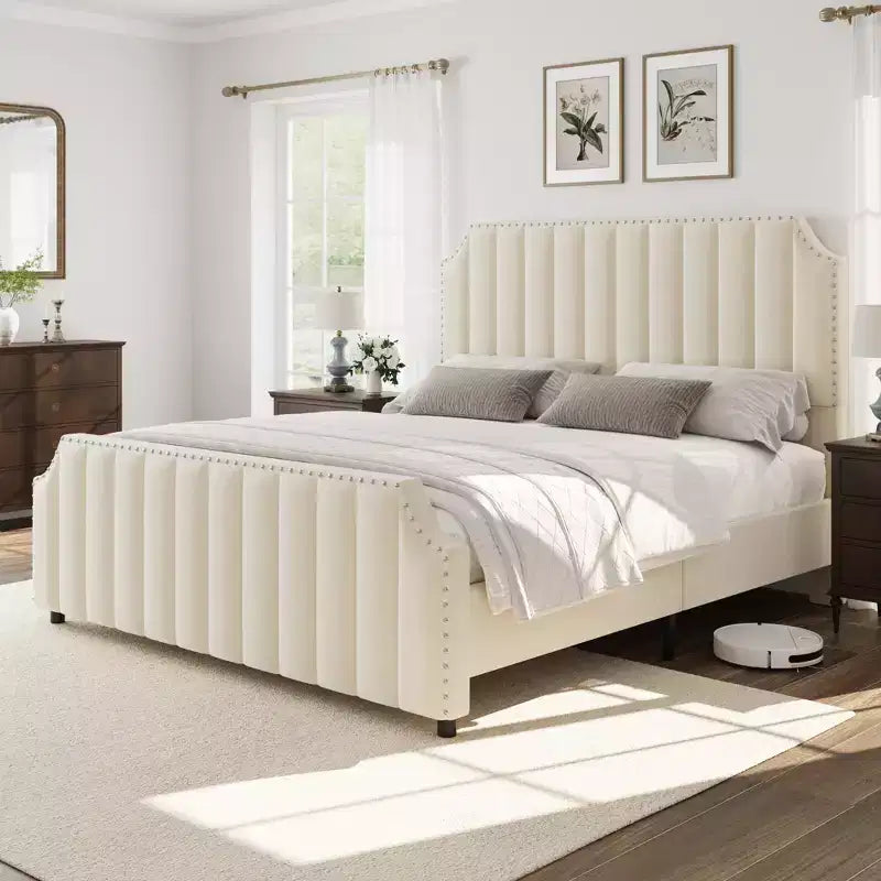 Velvet Bed Frame, 50.2 Upholstered Headboard