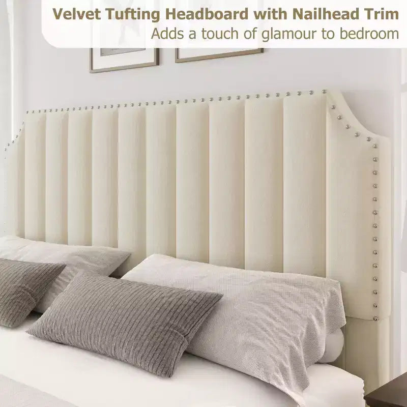 Velvet Bed Frame, 50.2 Upholstered Headboard