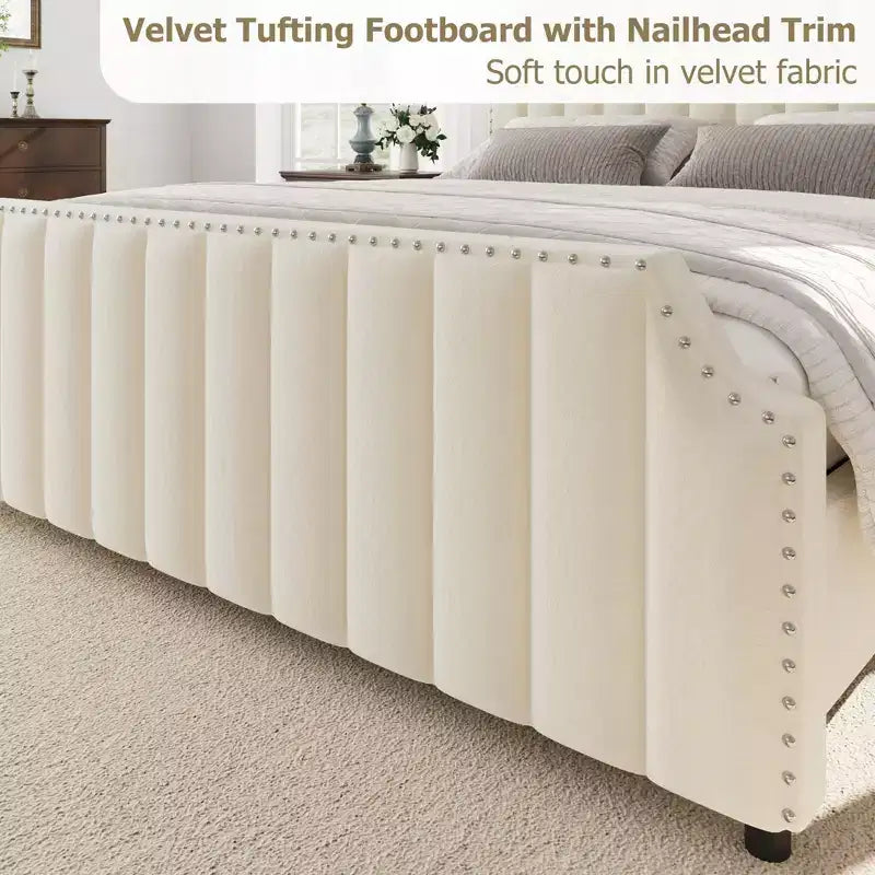 Velvet Bed Frame, 50.2 Upholstered Headboard