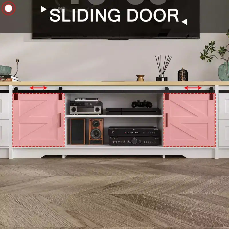 Consola de TV de estilo rústico moderno con puertas corredizas de diseño cruzado