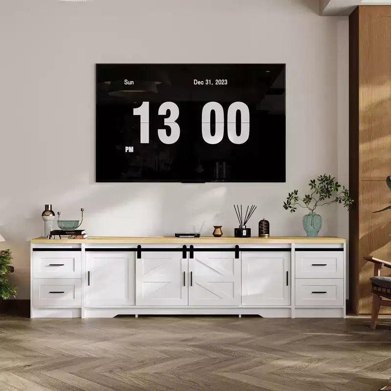 Modern Farmhouse  Style TV Console with Cross Design Sliding Doors