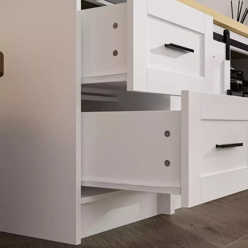 Modern Farmhouse  Style TV Console with Cross Design Sliding Doors