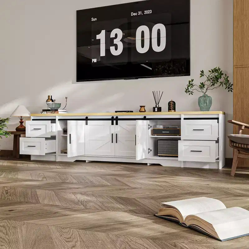 Consola de TV de estilo rústico moderno con puertas corredizas de diseño cruzado