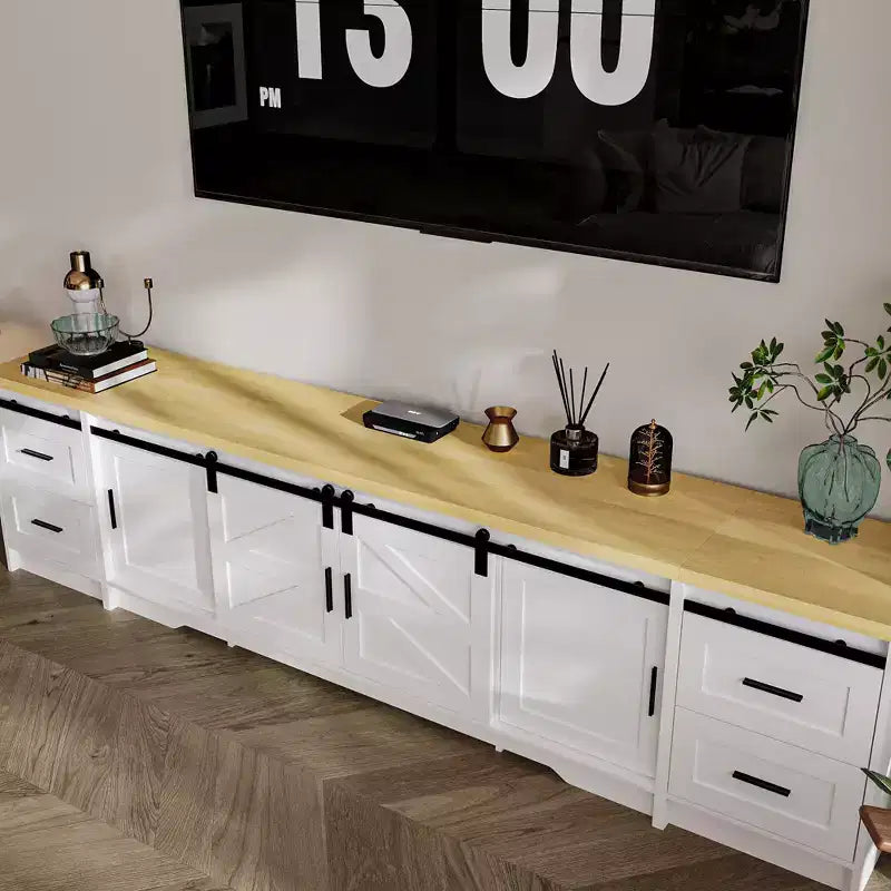 Consola de TV de estilo rústico moderno con puertas corredizas de diseño cruzado