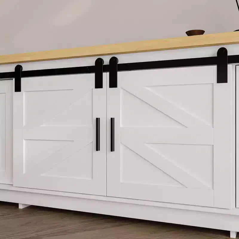 Consola de TV de estilo rústico moderno con puertas corredizas de diseño cruzado