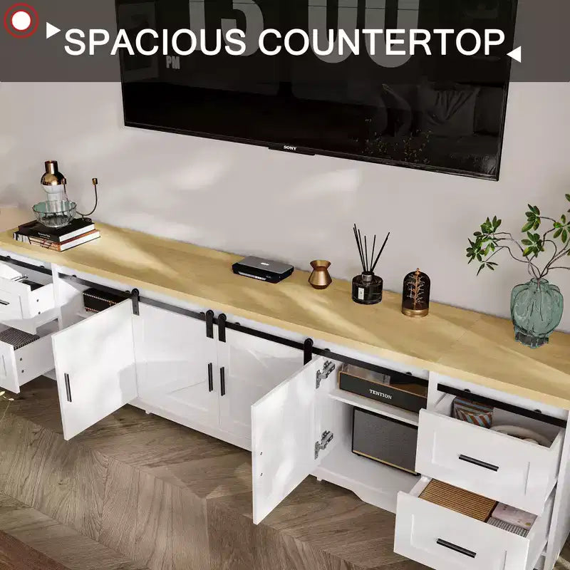 Consola de TV de estilo rústico moderno con puertas corredizas de diseño cruzado