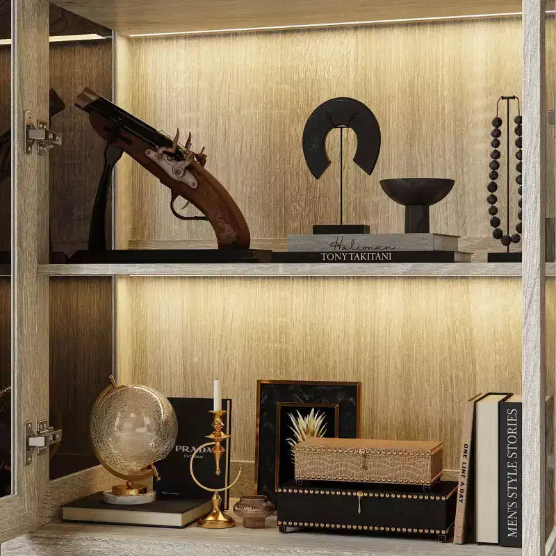 Bibliothèque avec vitrine en chêne gris et bande lumineuse à LED