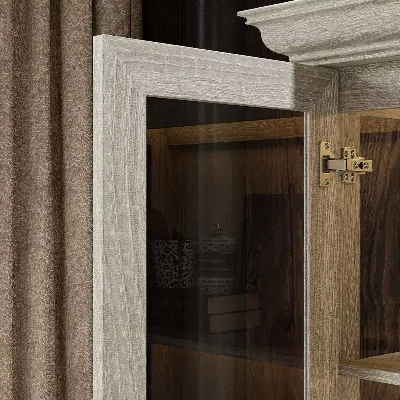 Bibliothèque avec vitrine en chêne gris et bande lumineuse à LED
