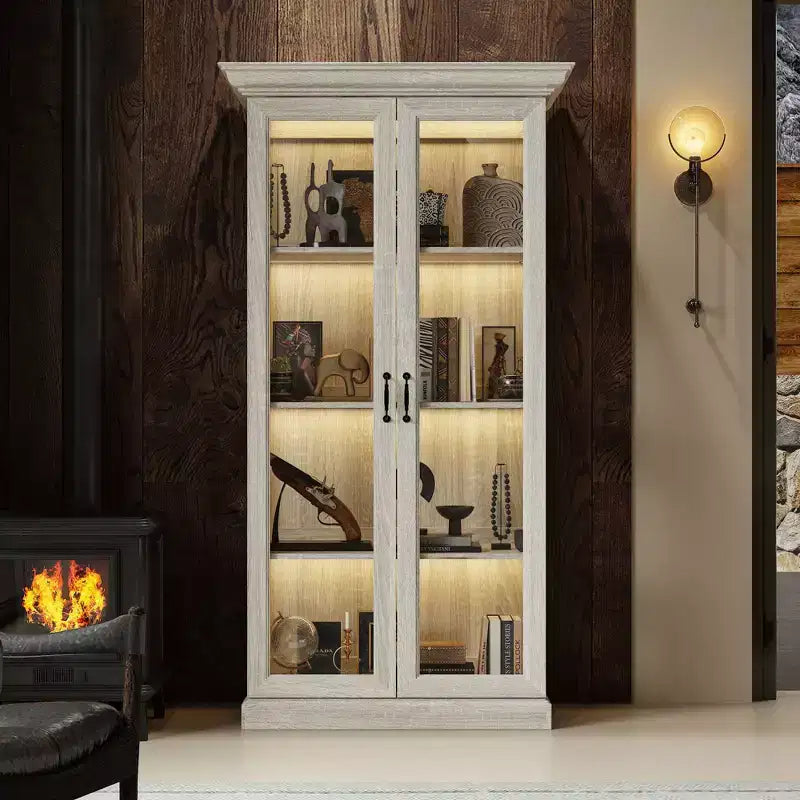 Bibliothèque avec vitrine en chêne gris et bande lumineuse à LED