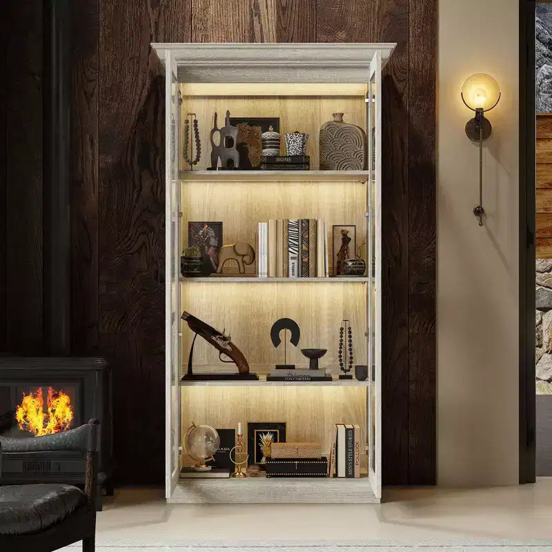 Bibliothèque avec vitrine en chêne gris et bande lumineuse à LED
