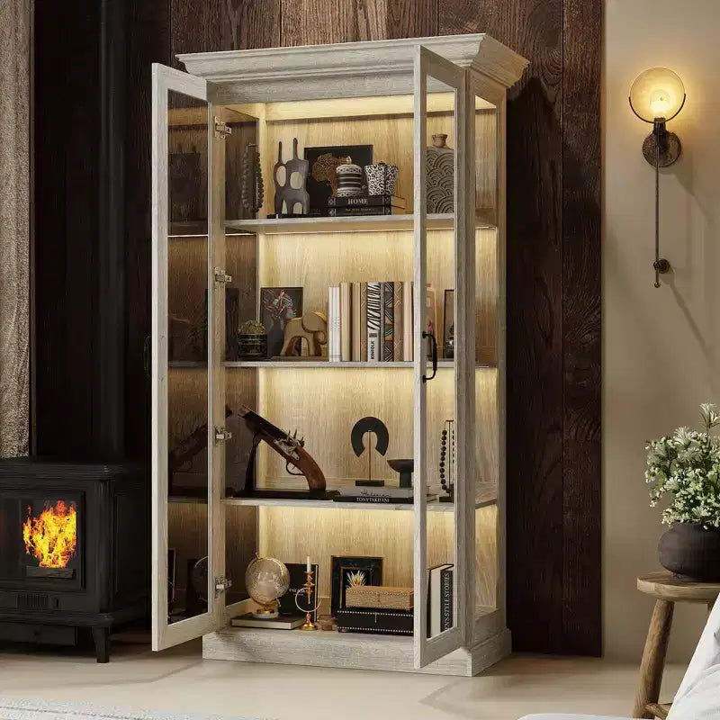 Bibliothèque avec vitrine en chêne gris et bande lumineuse à LED