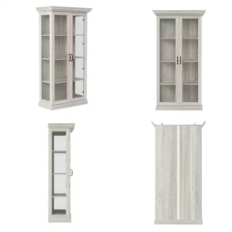 Bibliothèque avec vitrine en chêne gris et bande lumineuse à LED