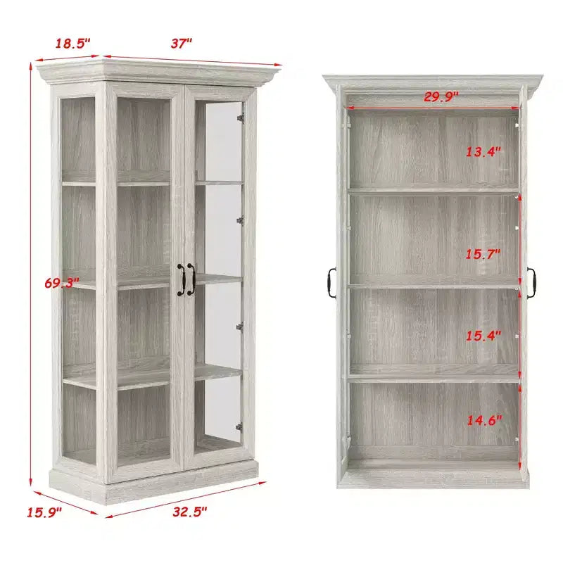 Bibliothèque avec vitrine en chêne gris et bande lumineuse à LED