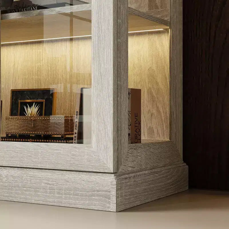 Bibliothèque avec vitrine en chêne gris et bande lumineuse à LED