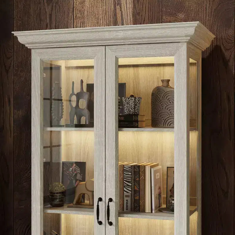 Bibliothèque avec vitrine en chêne gris et bande lumineuse à LED