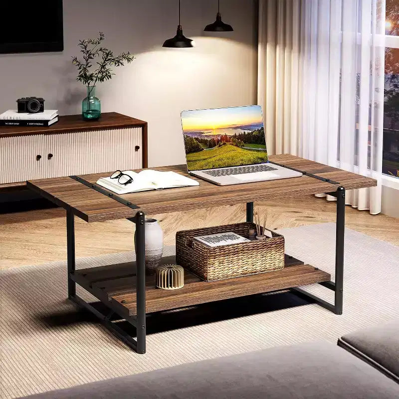 Table basse à 2 niveaux avec étagère de rangement, bois de style champêtre et industriel