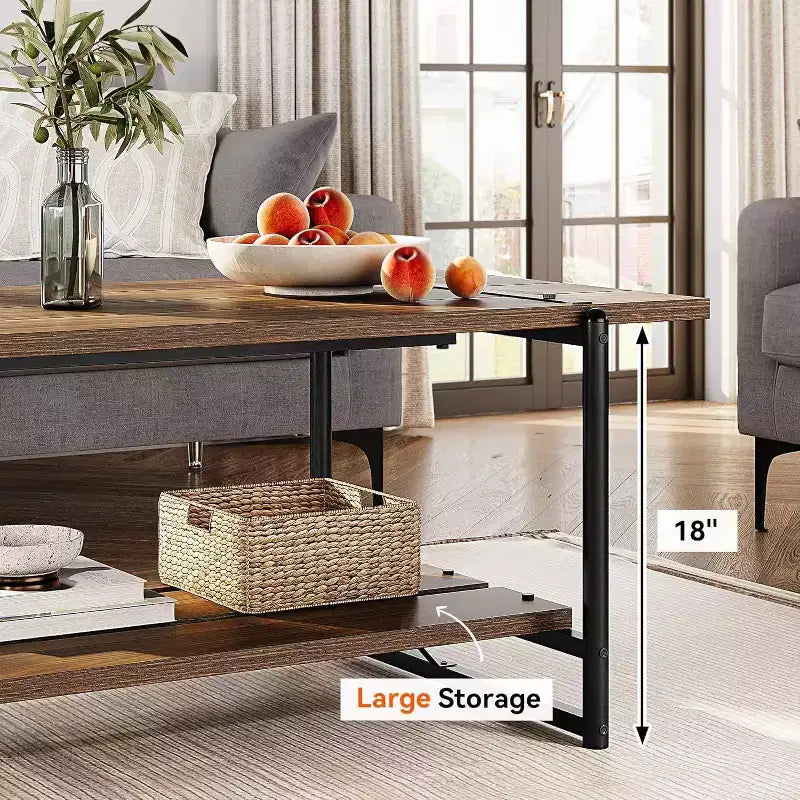 Table basse à 2 niveaux avec étagère de rangement, bois de style champêtre et industriel