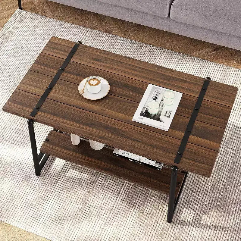 Table basse à 2 niveaux avec étagère de rangement, bois de style champêtre et industriel