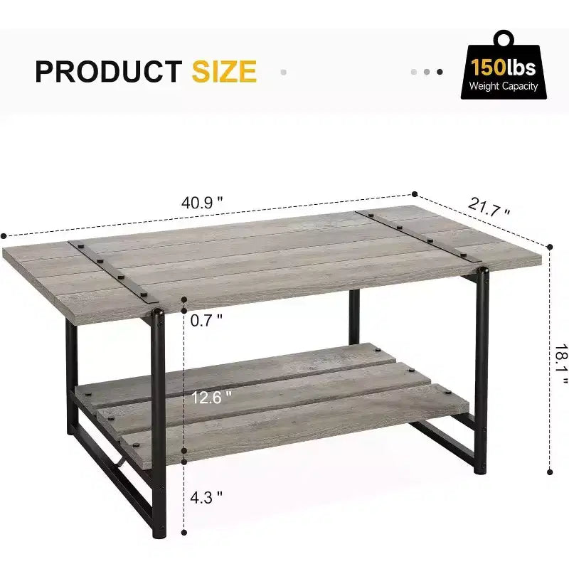 Table basse à 2 niveaux avec étagère de rangement, bois de style champêtre et industriel