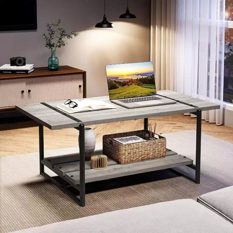 Table basse à 2 niveaux avec étagère de rangement, bois de style champêtre et industriel