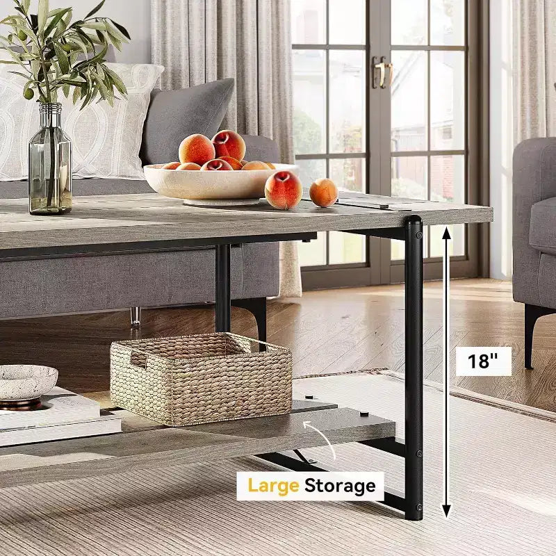 Table basse à 2 niveaux avec étagère de rangement, bois de style champêtre et industriel