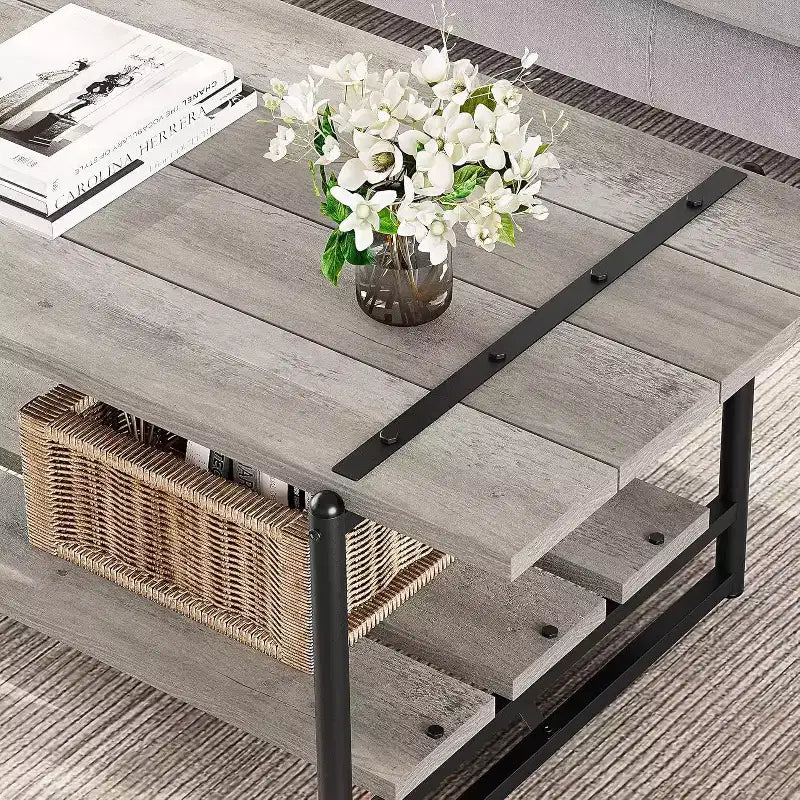 Table basse à 2 niveaux avec étagère de rangement, bois de style champêtre et industriel