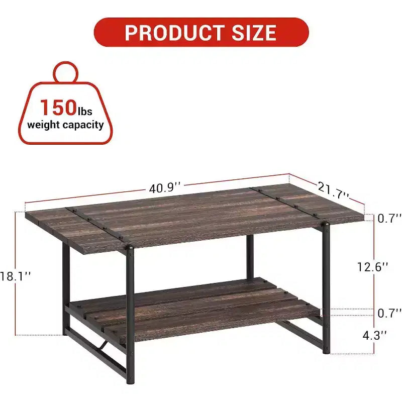 Table basse à 2 niveaux avec étagère de rangement, bois de style champêtre et industriel