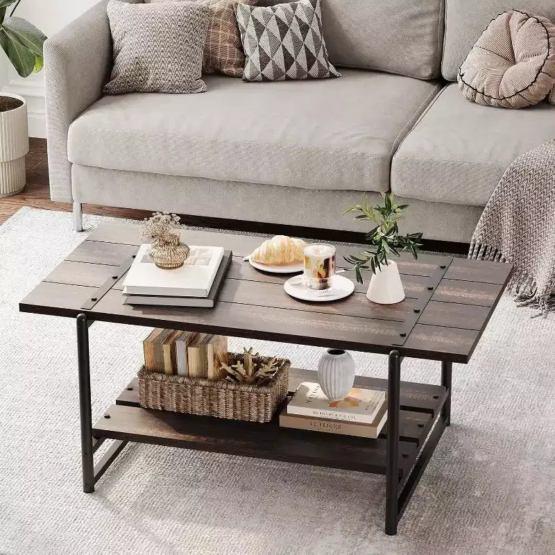 Table basse à 2 niveaux avec étagère de rangement, bois de style champêtre et industriel