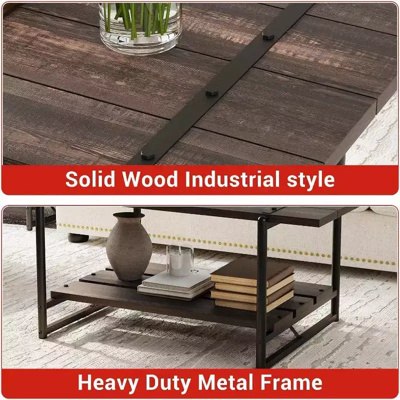 Table basse à 2 niveaux avec étagère de rangement, bois de style champêtre et industriel