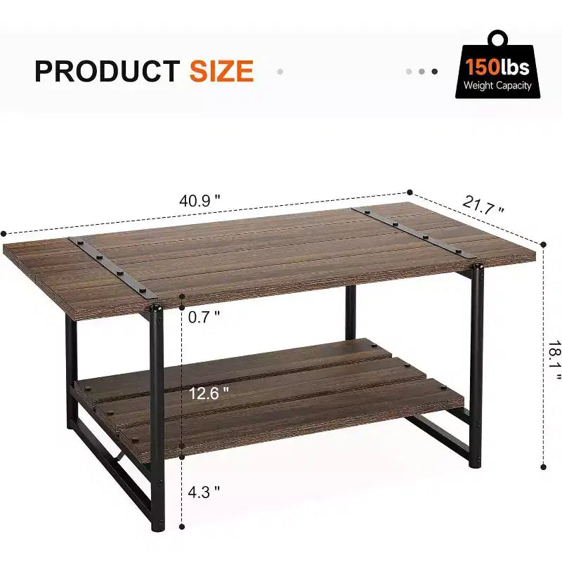 Table basse à 2 niveaux avec étagère de rangement, bois de style champêtre et industriel