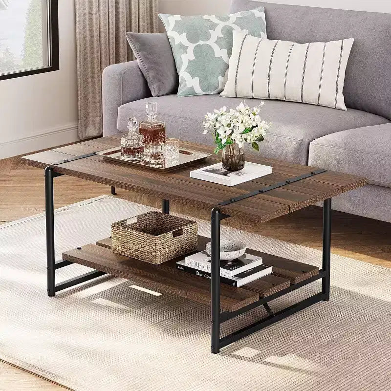 Table basse à 2 niveaux avec étagère de rangement, bois de style champêtre et industriel