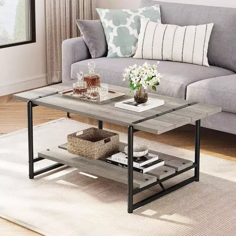 Table basse à 2 niveaux avec étagère de rangement, bois de style champêtre et industriel
