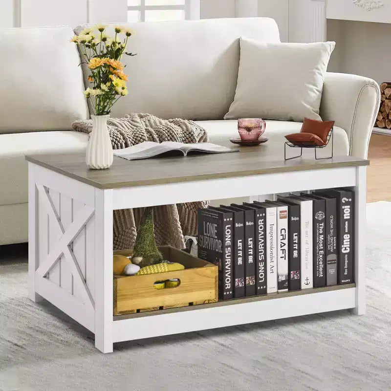 Couchtisch im Landhausstil, quadratischer Couchtisch mit offenem Staufach
