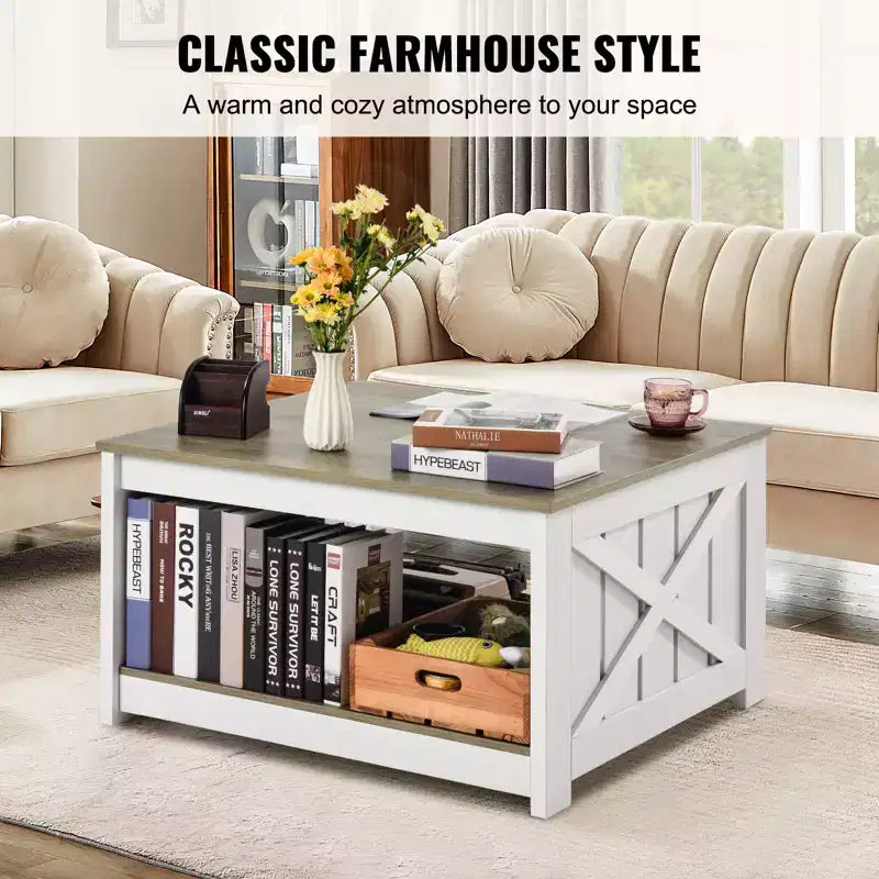 Table basse de style champêtre, table basse carrée avec compartiment de rangement ouvert