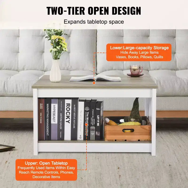 Farmhouse Coffee Table, Square Coffee Table with Open Storage Compartment