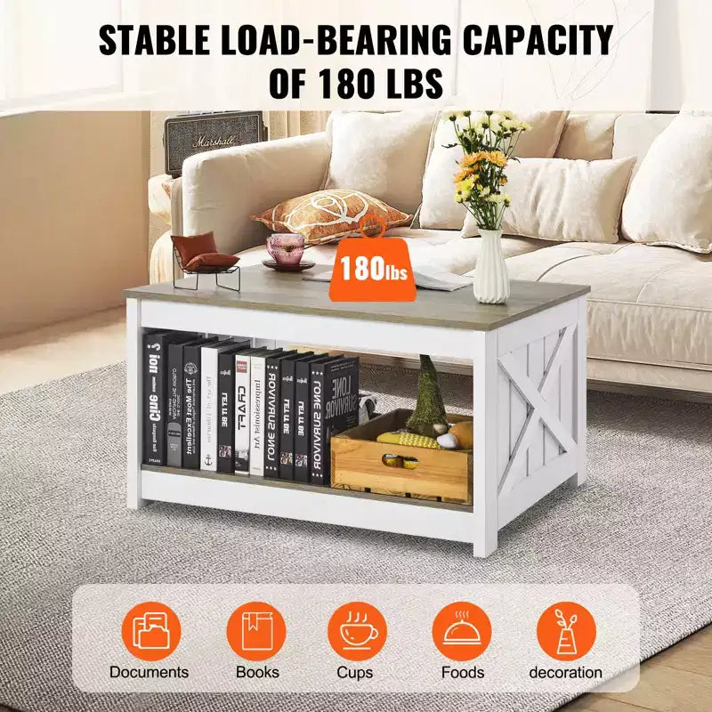 Farmhouse Coffee Table, Square Coffee Table with Open Storage Compartment