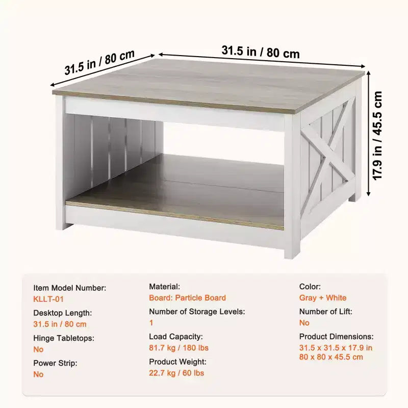 Farmhouse Coffee Table, Square Coffee Table with Open Storage Compartment