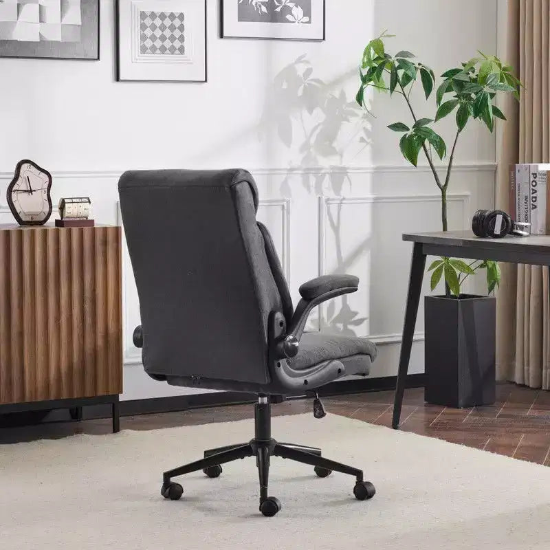 Chaise de bureau pivotante en coton et lin à dossier mi-haut, chaise de travail avec accoudoirs réglables