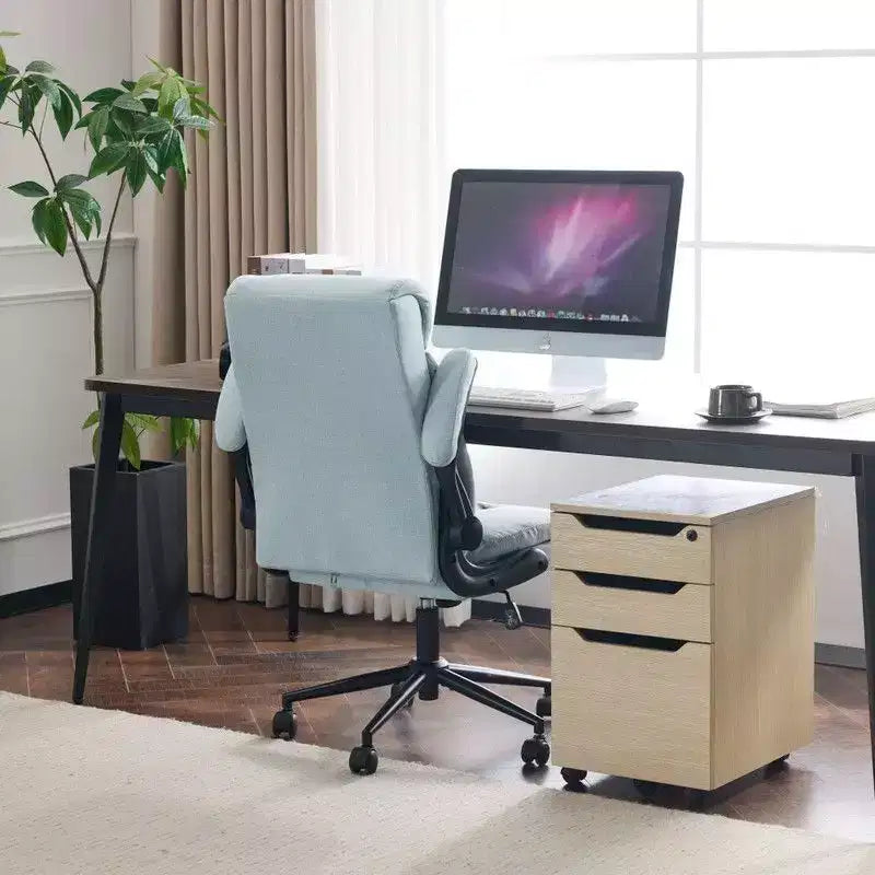 Chaise de bureau pivotante en coton et lin à dossier mi-haut, chaise de travail avec accoudoirs réglables