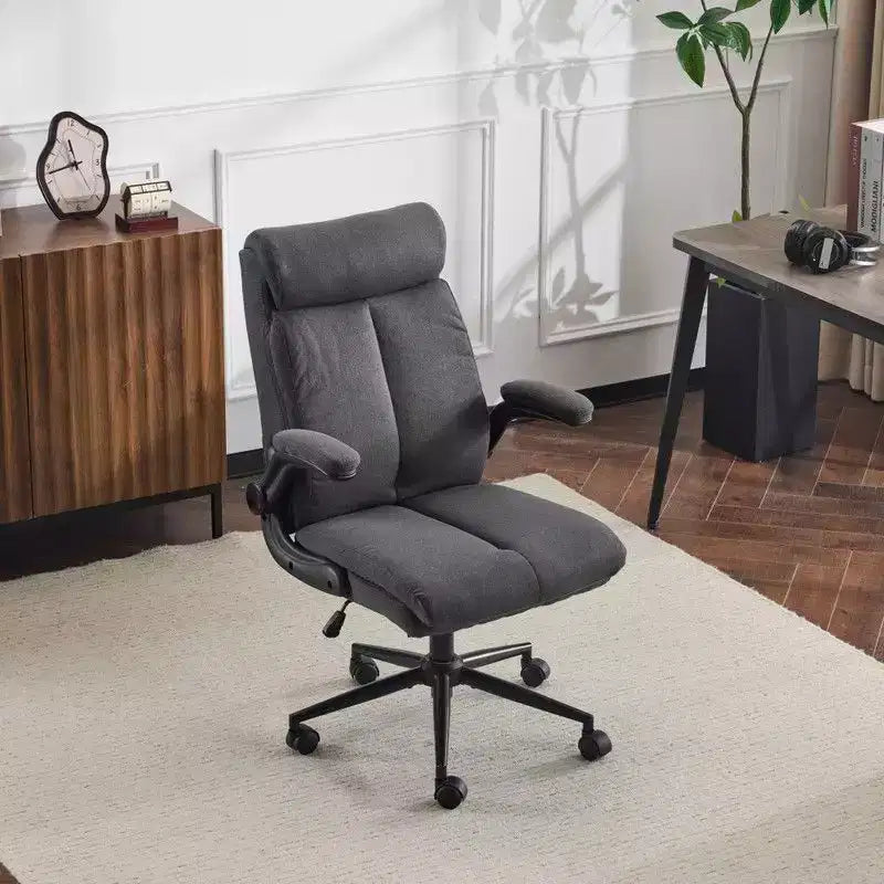 Chaise de bureau pivotante en coton et lin à dossier mi-haut, chaise de travail avec accoudoirs réglables