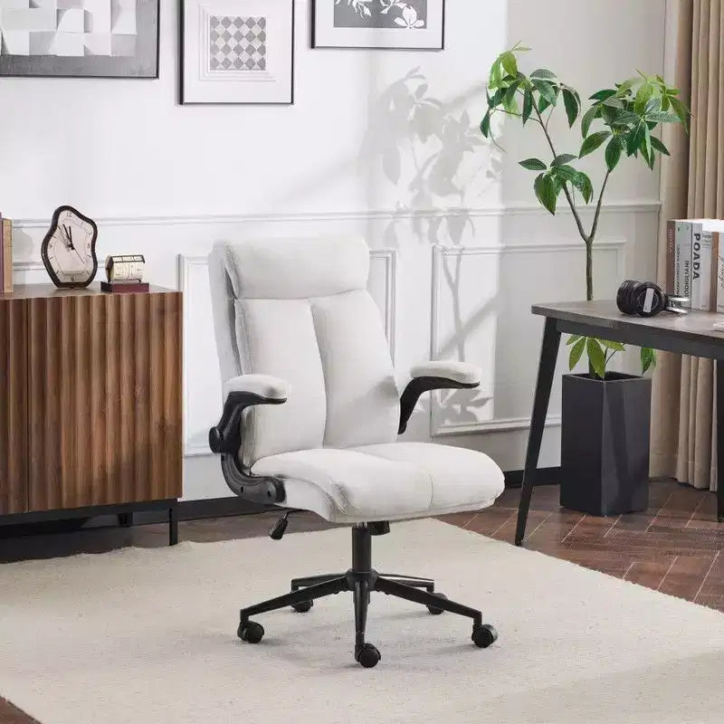 Chaise de bureau pivotante en coton et lin à dossier mi-haut, chaise de travail avec accoudoirs réglables