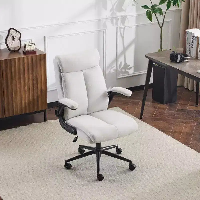 Chaise de bureau pivotante en coton et lin à dossier mi-haut, chaise de travail avec accoudoirs réglables