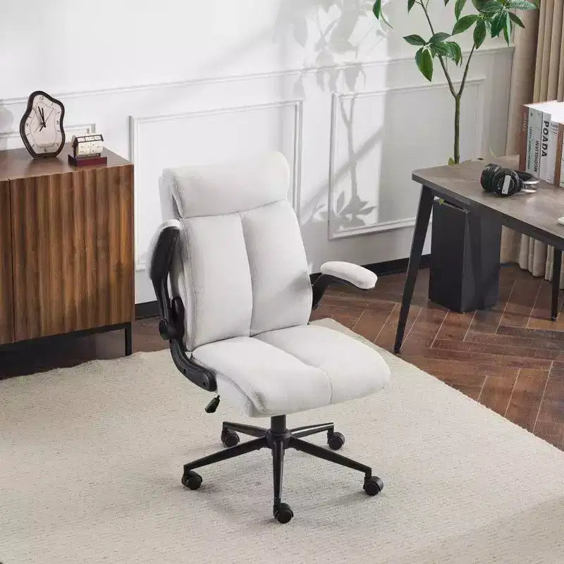 Chaise de bureau pivotante en coton et lin à dossier mi-haut, chaise de travail avec accoudoirs réglables