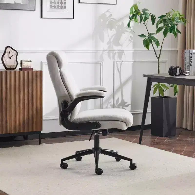 Chaise de bureau pivotante en coton et lin à dossier mi-haut, chaise de travail avec accoudoirs réglables