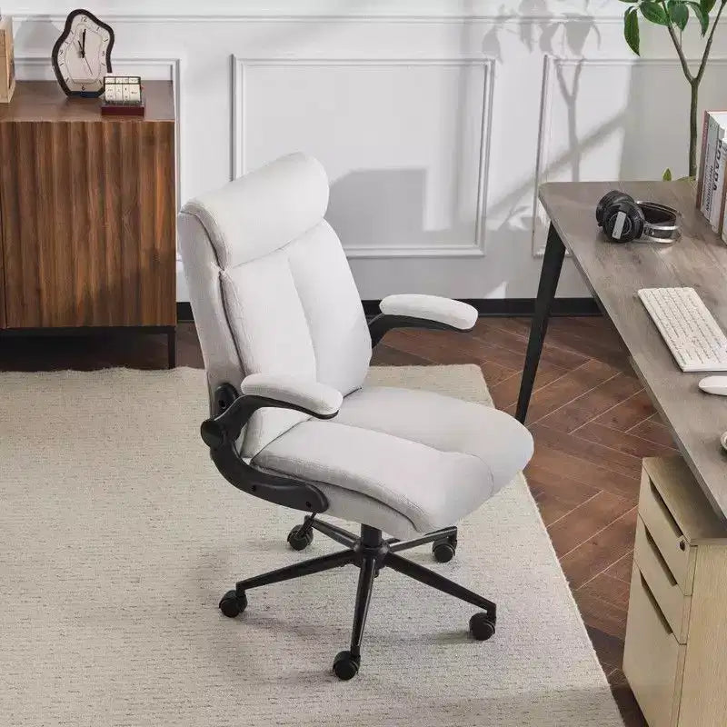 Chaise de bureau pivotante en coton et lin à dossier mi-haut, chaise de travail avec accoudoirs réglables