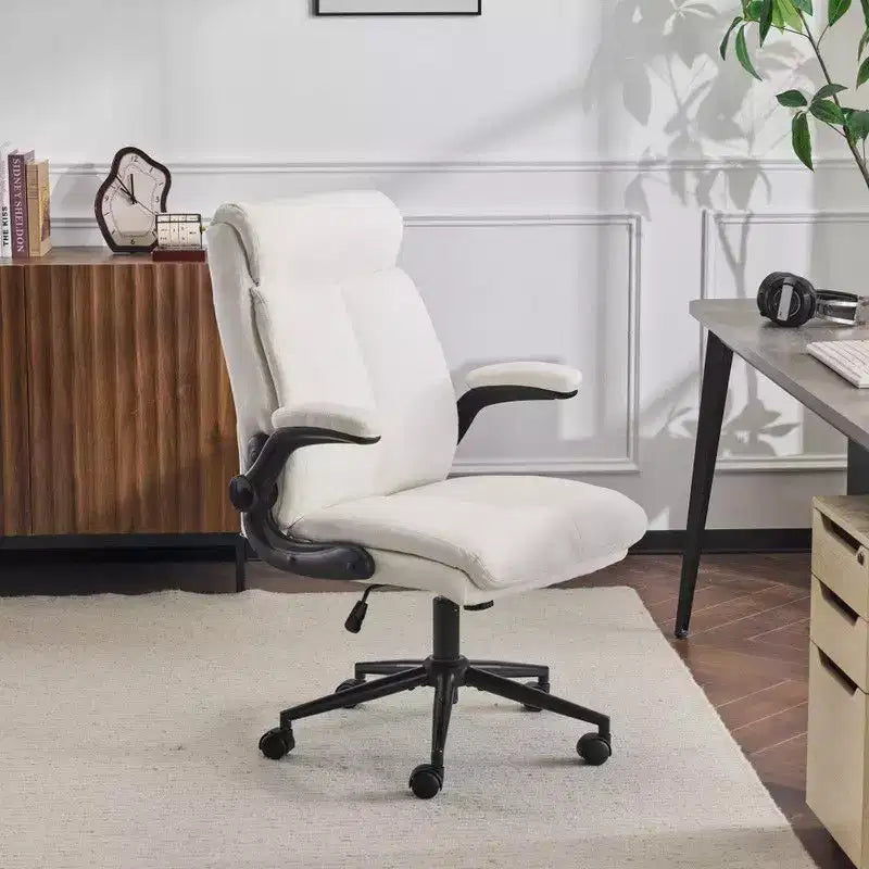 Chaise de bureau pivotante en coton et lin à dossier mi-haut, chaise de travail avec accoudoirs réglables