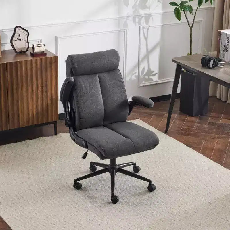Chaise de bureau pivotante en coton et lin à dossier mi-haut, chaise de travail avec accoudoirs réglables